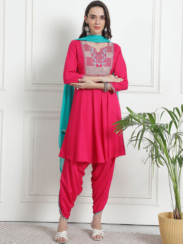 Women Ethnic Motifs Yoke Design Angrakha Kurta with Dhoti Pants & With Dupatta