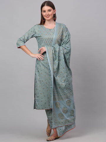 Women Sea Green Ethnic Motifs Pure Cotton Kurta & Trousers With Dupatta
