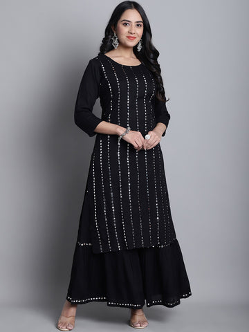 Striped Embroidered Mirror Work Straight Kurta With Sharara