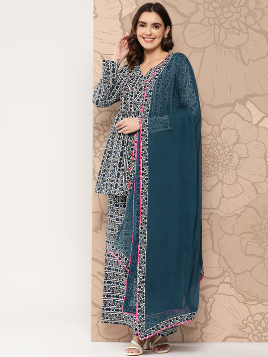 Women Floral Printed Empire Pure Cotton Kurti with Palazzos & With Dupatta
