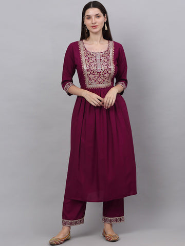 Women Burgundy Floral Yoke Design Thread Work Kurta with Palazzos & With Dupatta