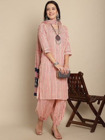 Striped Pure Cotton Kurta with Harem Pants & With Dupatta