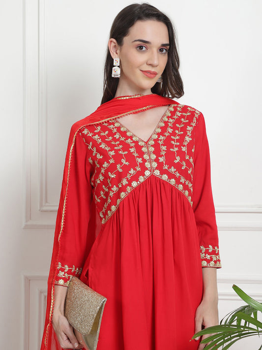 Women Floral Yoke Design Empire Thread Work Kurta with Palazzos & With Dupatta