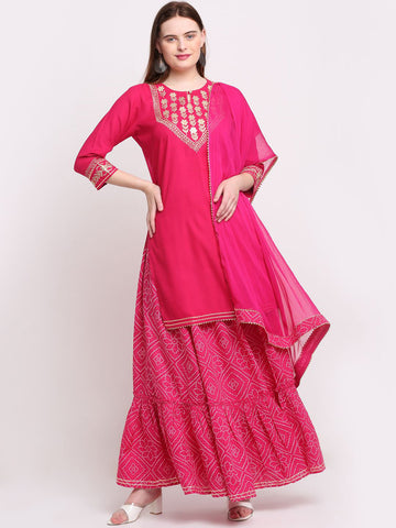 Floral Yoke Design Keyhole Neck Gotta Patti Kurta With Sharara & Dupatta