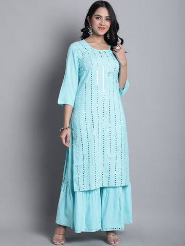 Geometric Embroidered Mirror Work Straight Kurta with Sharara