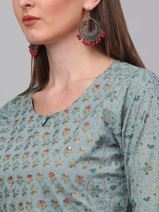 Women Sea Green Ethnic Motifs Pure Cotton Kurta & Trousers With Dupatta
