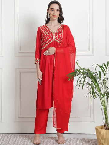 Women Floral Yoke Design Empire Thread Work Kurta with Palazzos & With Dupatta