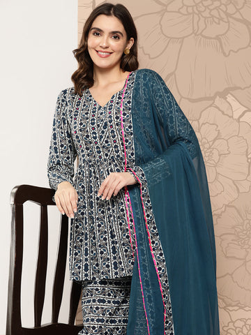 Women Floral Printed Empire Pure Cotton Kurti with Palazzos & With Dupatta