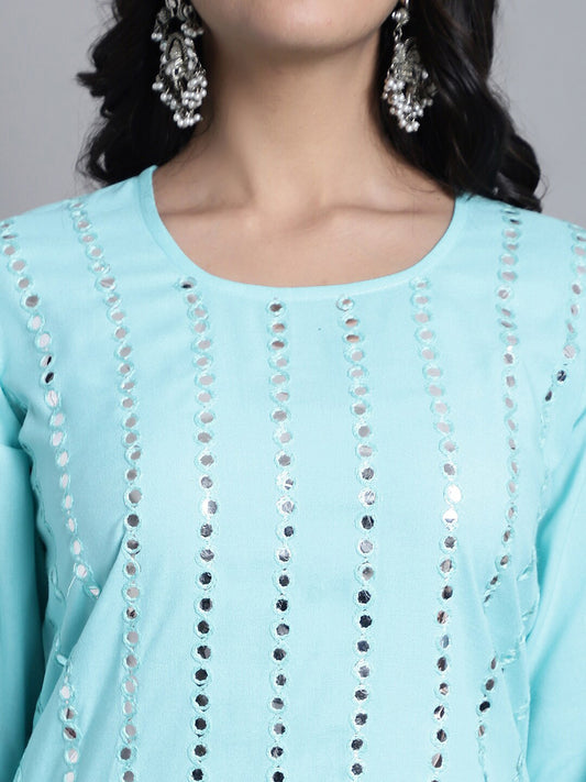 Geometric Embroidered Mirror Work Straight Kurta with Sharara
