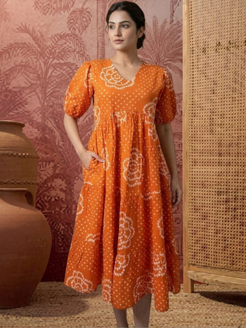 Polka Dot Print Puff Sleeve Fit & Flare Midi Dress