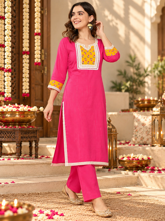 Yoke Design Regular Thread Work Pure Cotton Kurta with Palazzos