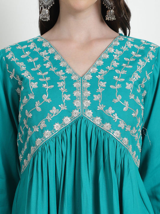 Floral Yoke Design V-Neck Empire Zari A-Line Kurta With Trousers & Dupatta
