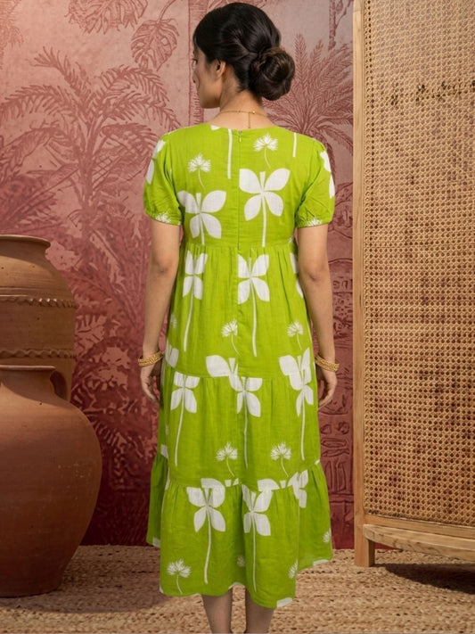 Floral Print Puff Sleeve A-Line Midi Dress