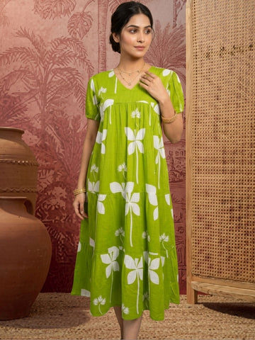 Floral Print Puff Sleeve A-Line Midi Dress