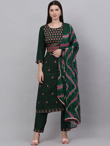 Women Floral Embroidered Thread Work Kurta with Trouser & Dupatta