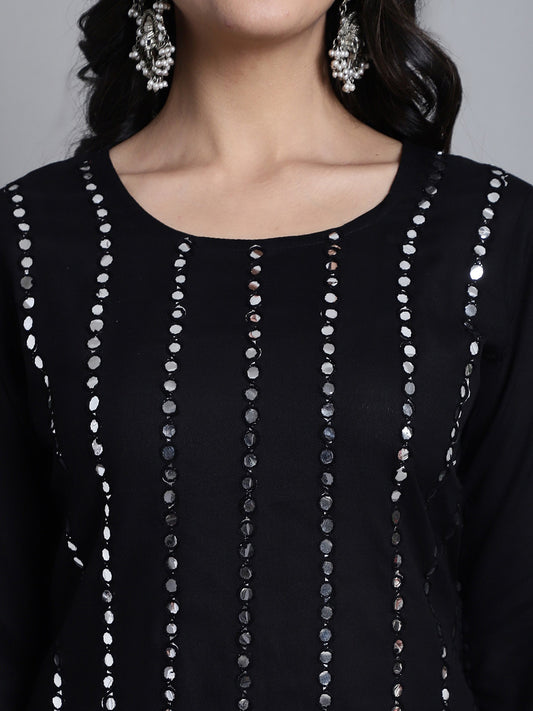 Striped Embroidered Mirror Work Straight Kurta With Sharara