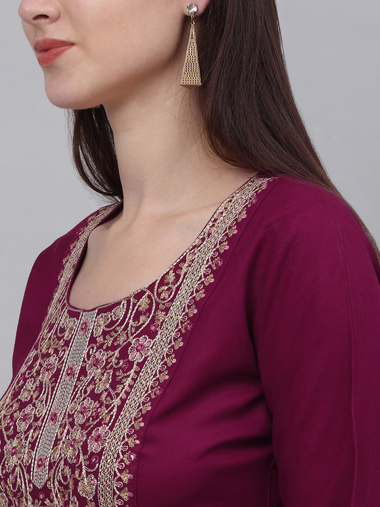 Women Burgundy Floral Yoke Design Thread Work Kurta with Palazzos & With Dupatta