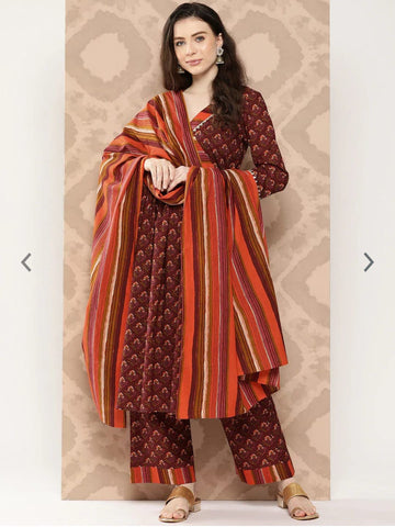 Ethnic Motifs Printed Pure Cotton Angrakha Kurta With Palazzos & Dupatta