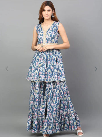 Floral PrintedZari  Sleeveless Empire Pure Cotton Anarkali Kurta With Sharara