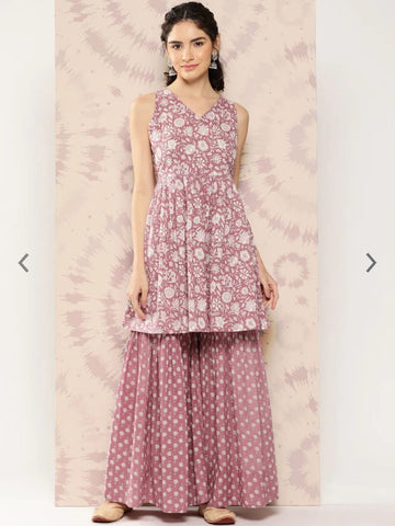 Ethnic Motifs Printed Empire Pure Cotton Kurta with Sharara