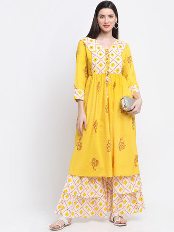 Women Floral Printed Thread Work Kurta With Sharara