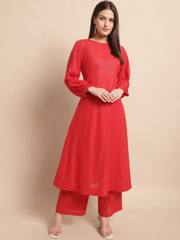 Striped Puff Sleeves A-Line Pure Cotton Kurta With Palazzos
