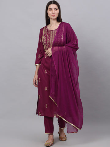 Women Yoke Design Mirror Work Kurta with Trouser & With Dupatta Set
