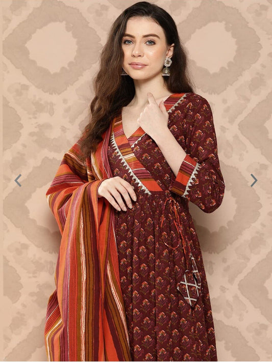 Ethnic Motifs Printed Pure Cotton Angrakha Kurta With Palazzos & Dupatta