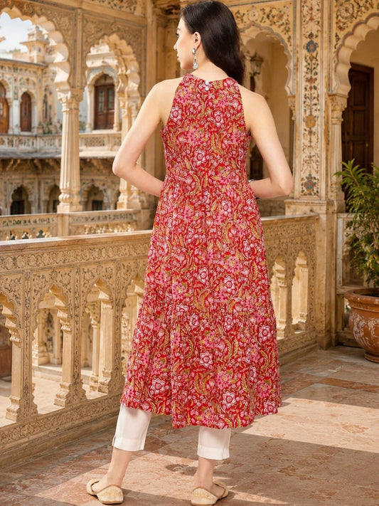 Floral Print Halter Neck A-Line Maxi Dress