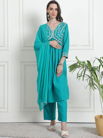 Floral Yoke Design V-Neck Empire Zari A-Line Kurta With Trousers & Dupatta