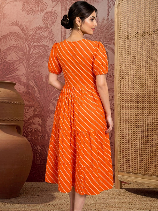 Striped Puff Sleeve Fit & Flare Midi Dress